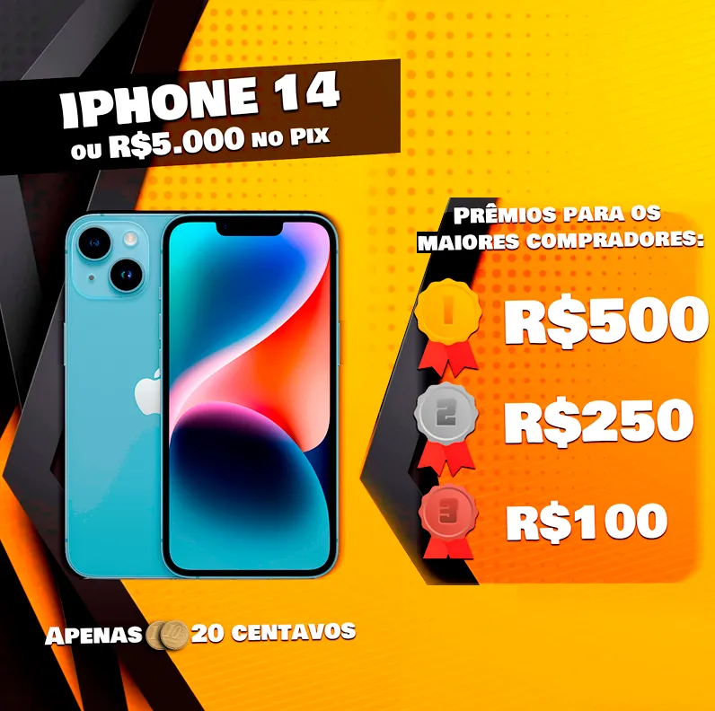 Imagem da campanha Iphone 14 ou R$5.000 no Pix