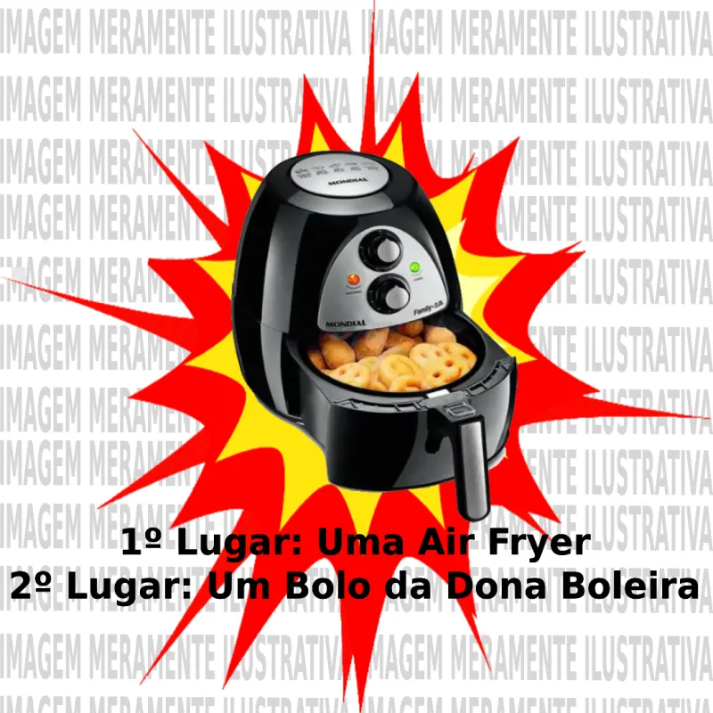 Imagem da campanha Rifa de uma Air Fryer e um bolo da Dona Boleira