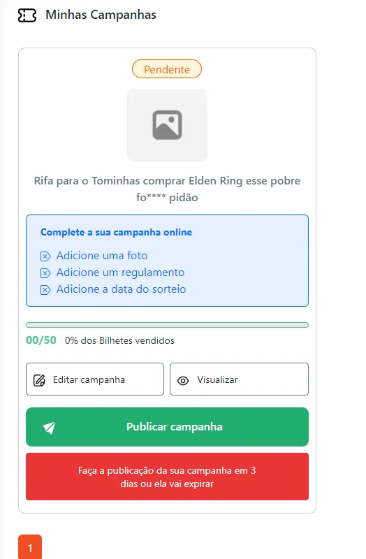 Imagem da campanha Rifa para o tominhas comprar Elden Ring esse pobre pidão