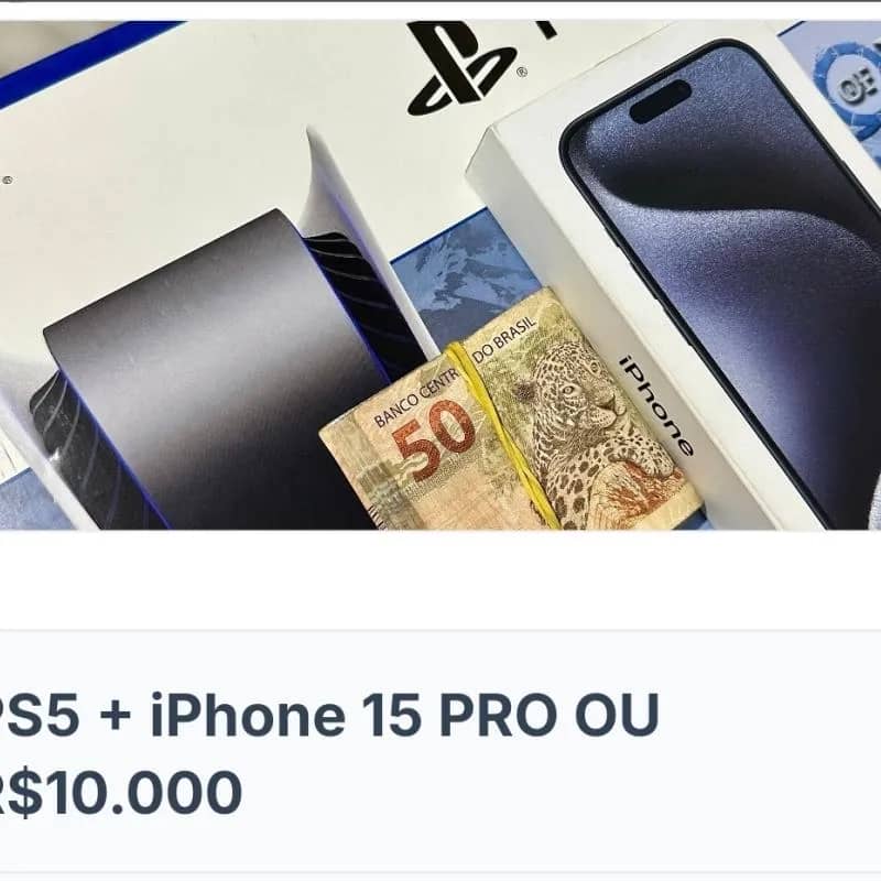 Imagem da campanha PS5 + IPHONE 15 PRO 512GB OU 10 MIL NO PIX