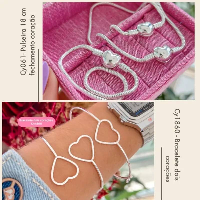 Imagem da campanha Pulseira 18cm estilo Pandora fechamento coração e um Bracelete dois corações