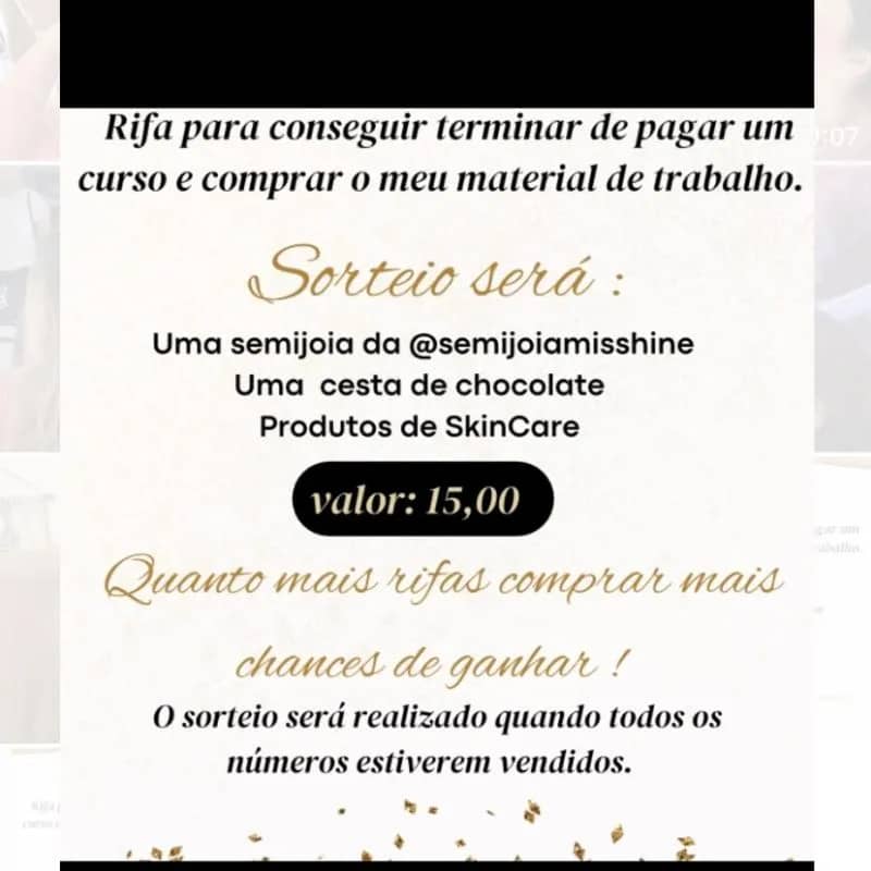 Imagem da campanha Rifa semijoia, cesta de chocolate e produtos de skincare