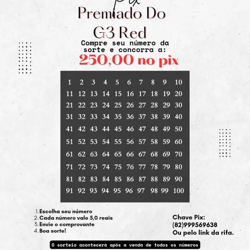 Imagem da campanha Rifa do Gol G3 Red     SORTEIO DE 250,00 REAIS NO PIX.