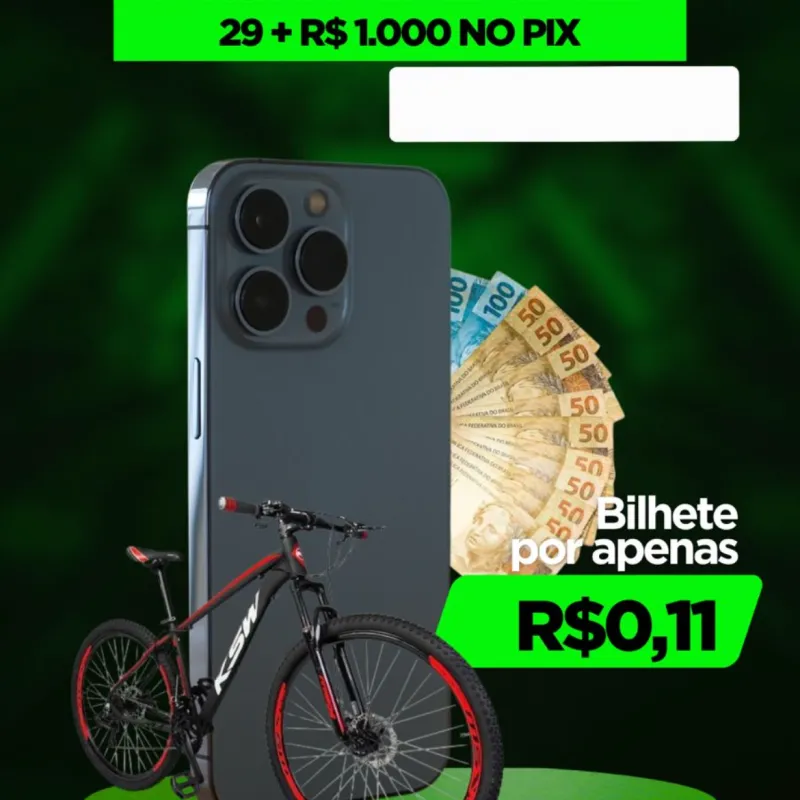 Imagem da campanha iPhone 14 + bicicleta aro 29 + 1000 reais no pix