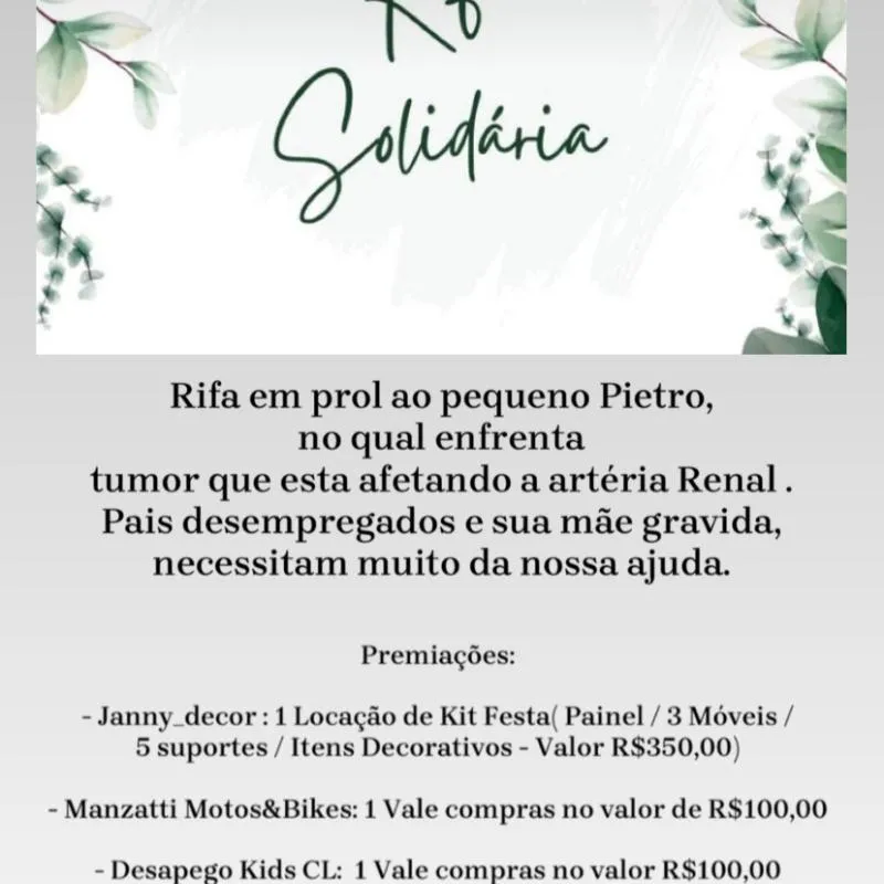 Imagem da campanha Rifa Solidária em Prol Pietro