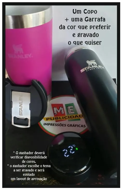 Imagem da campanha Ganhe um copo e uma garrafa térmica gravada a laser, com tema e cores da sua escolha.