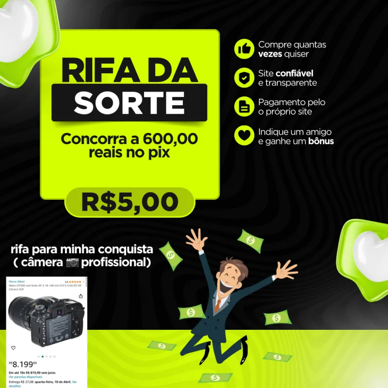 Imagem da campanha RIFA PARA CONQUISTA CÂMERA PROFISSIONAL- valendo a 600,0 no Pix