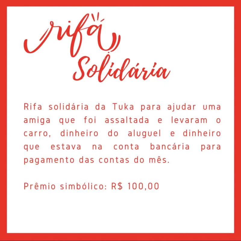Imagem da campanha Rifa solidária da Tuka