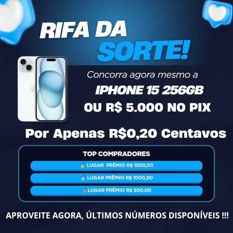 Imagem da campanha iPhone 15 256GB ou R$5k no Pix