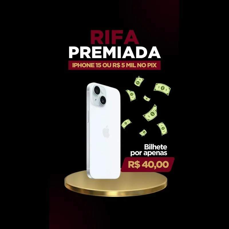 Imagem da campanha Rifa Premiada IPhone 15 ou 5 mil no pix