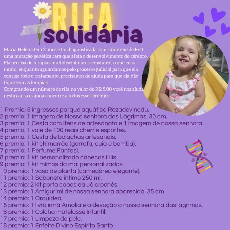 Imagem da campanha Rifa solidária Maria Helena