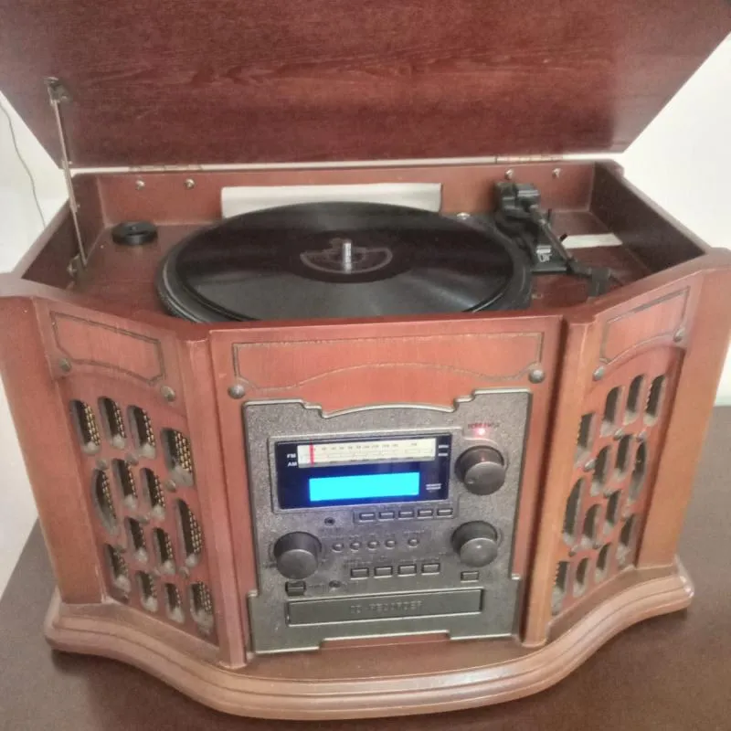 Imagem da campanha TOCA DISCO VINTAGE EM MADEIRA IMPORTADO (USA),  5 EM 1,  RADIO AM E FM, TOCA DISCO, FITA , CD E GRAVADOR DE CD