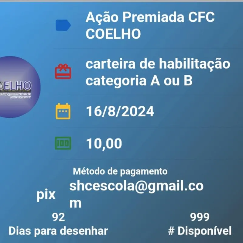 Imagem da campanha AÇÃO PREMIADA CFC COELHO CATEGORIA A OU B
