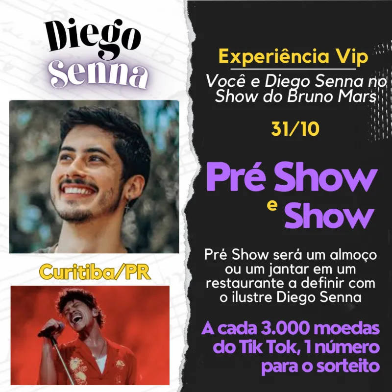 Imagem da campanha Experiência VIP - Você e Diego Senna no show do Bruno Mars