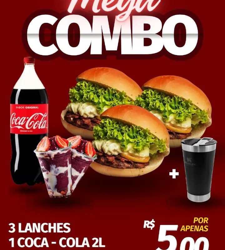 Imagem da campanha Mega Combo de 3 lanches + 2l Coca Cola + 2 copos de Açaí + 1 copo térmico