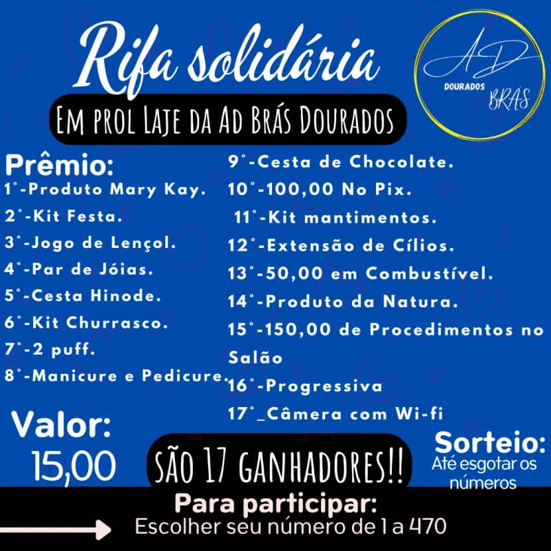Imagem da campanha Rifa Em Prol  Laje da AD.Brás Dourados, Ministério de Madureira