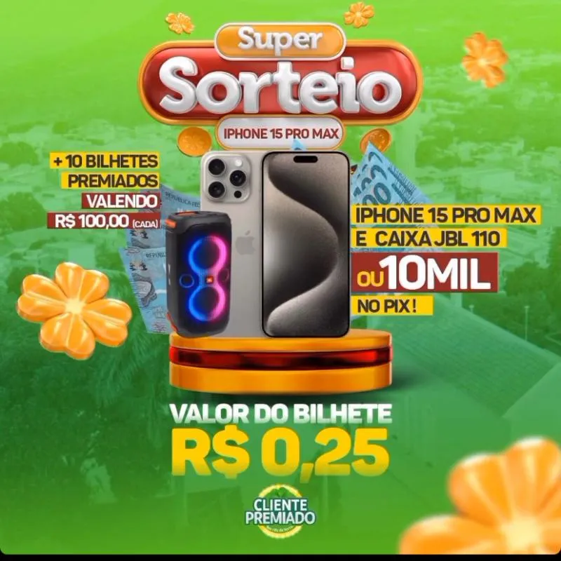 Imagem da campanha iPhone 15 pro max é caixa jbl 110 ou 10 mil no piix