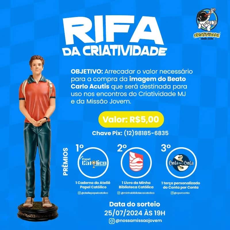 Imagem da campanha Rifa da Criatividade - Imagem Carlo Acutis