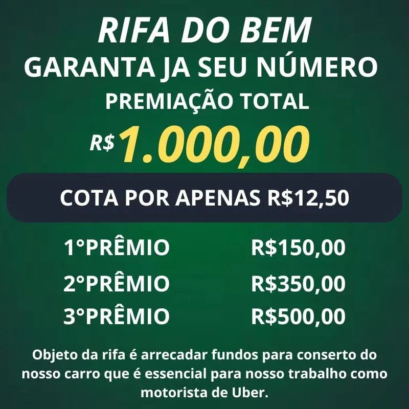 Imagem da campanha "Rifa do Bem: Sua Ajuda para Consertar Nosso Carro Pode Valer Grandes Prêmios!"
