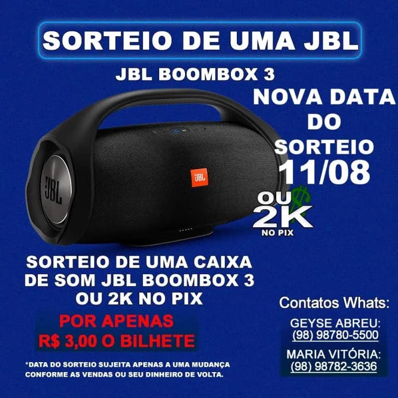 Imagem da campanha Sorteio de uma JBL bombox3 ou 2mil no pix