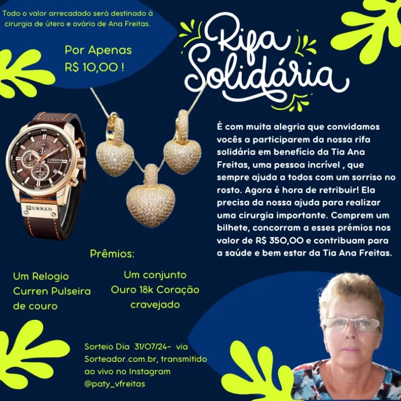 Imagem da campanha Rifa Solidária para Ajudar nos custos de cirurgia de Útero e Ovários- Ana Freitas