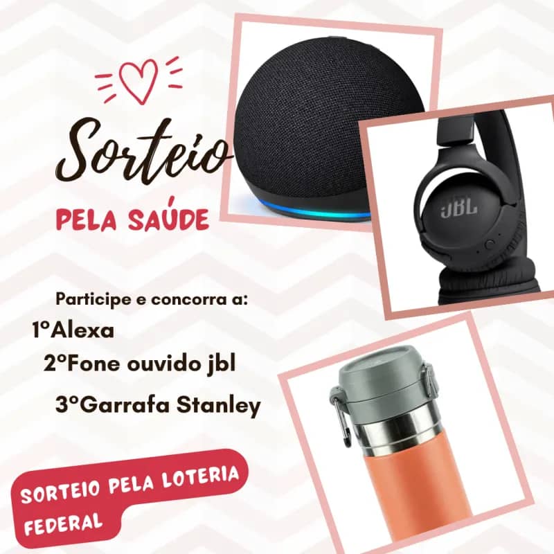 Imagem da campanha 1° PREMIO - ALEXA, 2° PREMIO - FONE DE OUVIDO JBL, 3°PREMIO - GARRAFA STANLEY