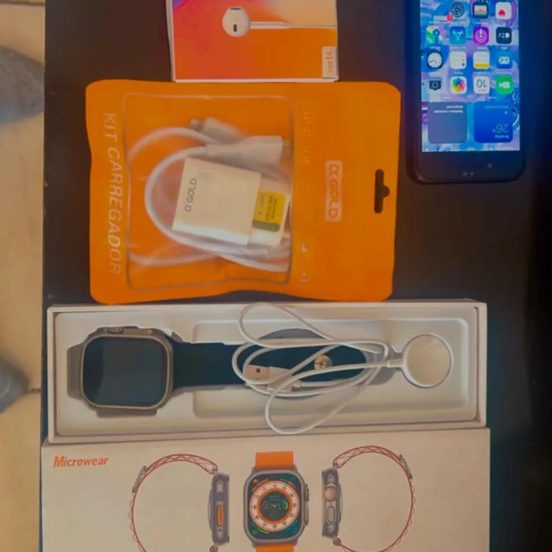 Imagem da campanha iPhone 128gb seminovo + carregador novo Gold amologado pela Anatel + fone de ouvido novo + Smartwatch W68.