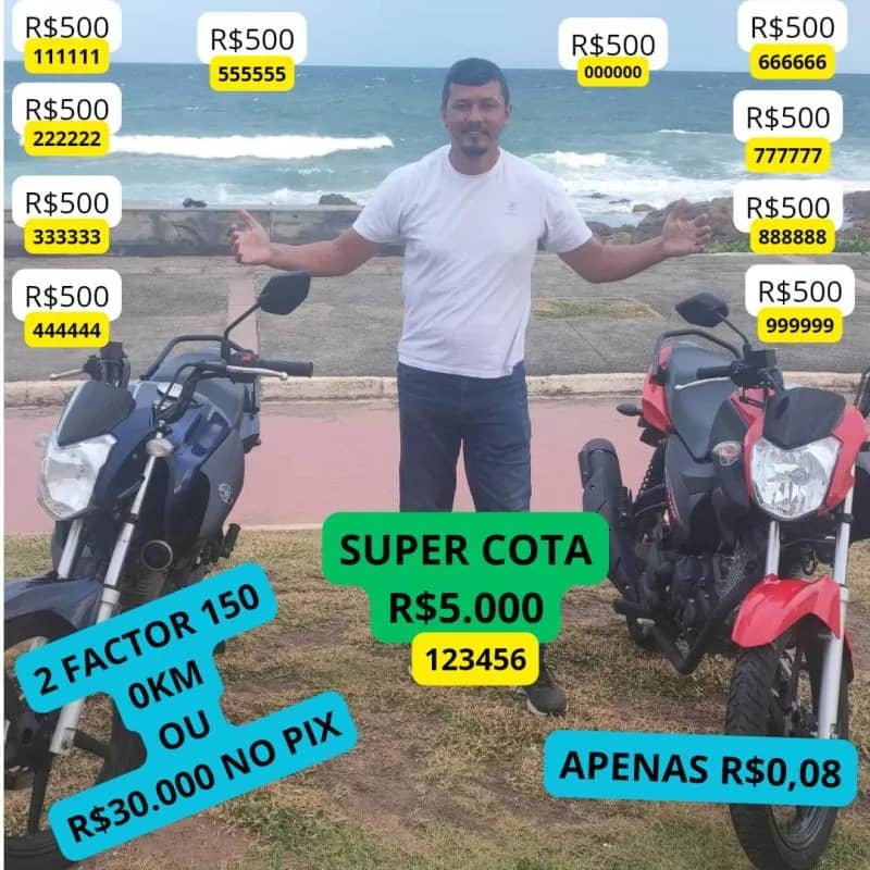 Imagem da campanha DUAS FACTOS ZERO KM OU 30 MIL NO PIX. TAMBÉM TEMOS 10 SORTEIOS DE R$ 500 E UM ESPECIAL DE 5 MIL..