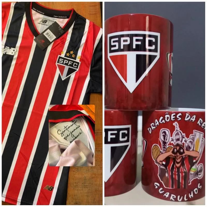 Imagem da campanha Camisa SPFC Listrada ou branca + caneca + camisa projeto sede + tabua de churrasco personalizada 30cm