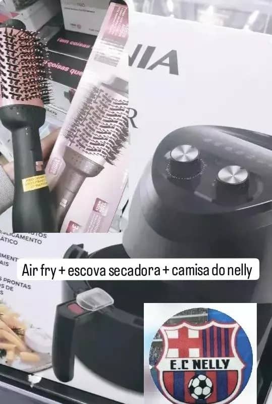 Imagem da campanha Air fry + escova secadora + camisa do nelly