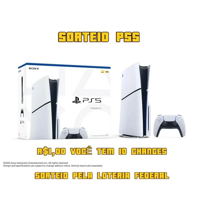 Imagem da campanha PS5 R$1 = 10 Chances - Sorteio Loteria Federal.
