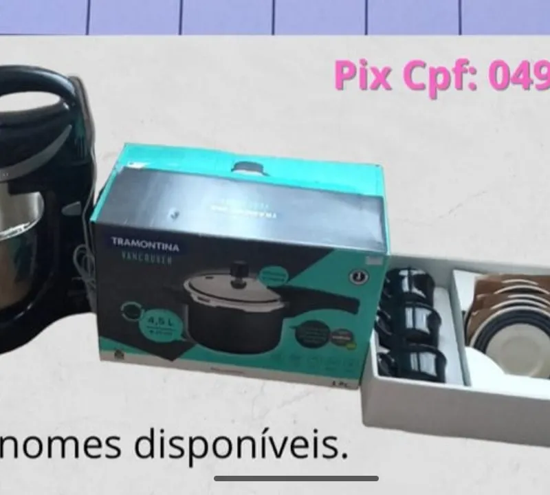 Imagem da campanha Batedeira, panela de pressão e jogo de café.