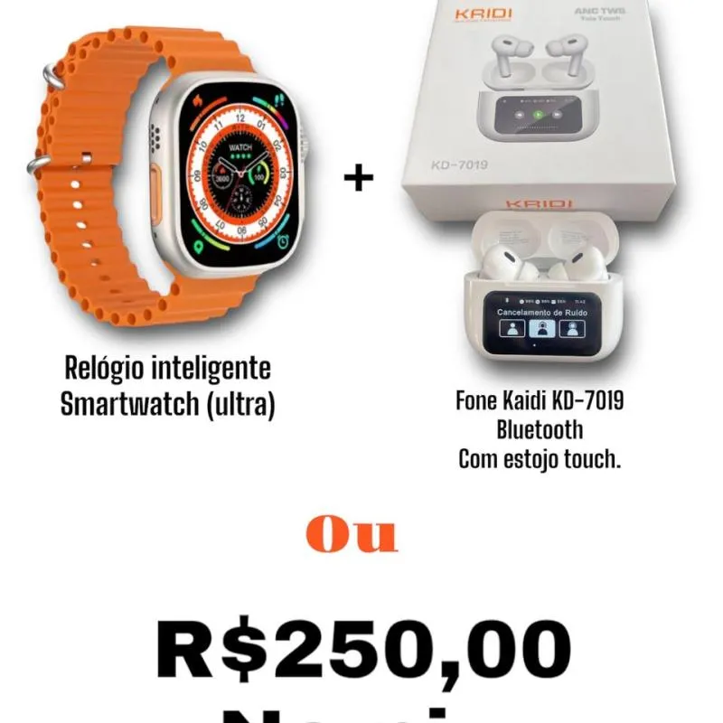 Imagem da campanha Relogio inteligente SmartWatch + Fone Kaidi Bluetooth OU R$ 250,00 no pix.