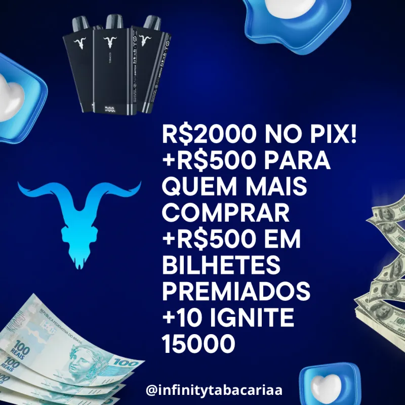 Imagem da campanha R$2000 no pix +R$500 para quem mais comprar +R$500 distribuidos em bilhetes premiados +10 ignite 15000