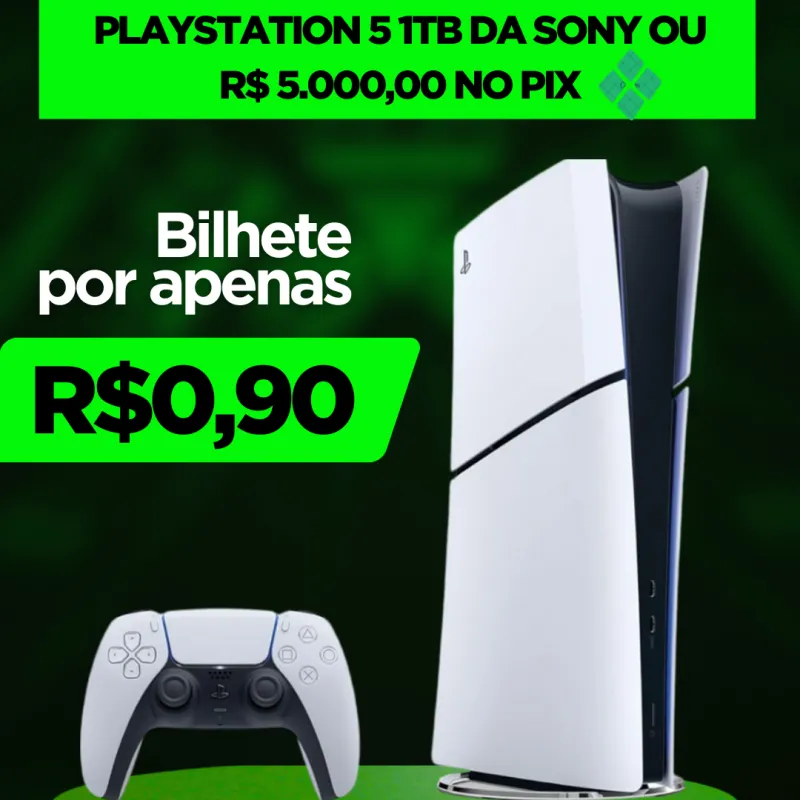 Imagem da campanha PlayStation 5 1TB da Sony ou R$ 5.000,00 no PIX 🎮💳