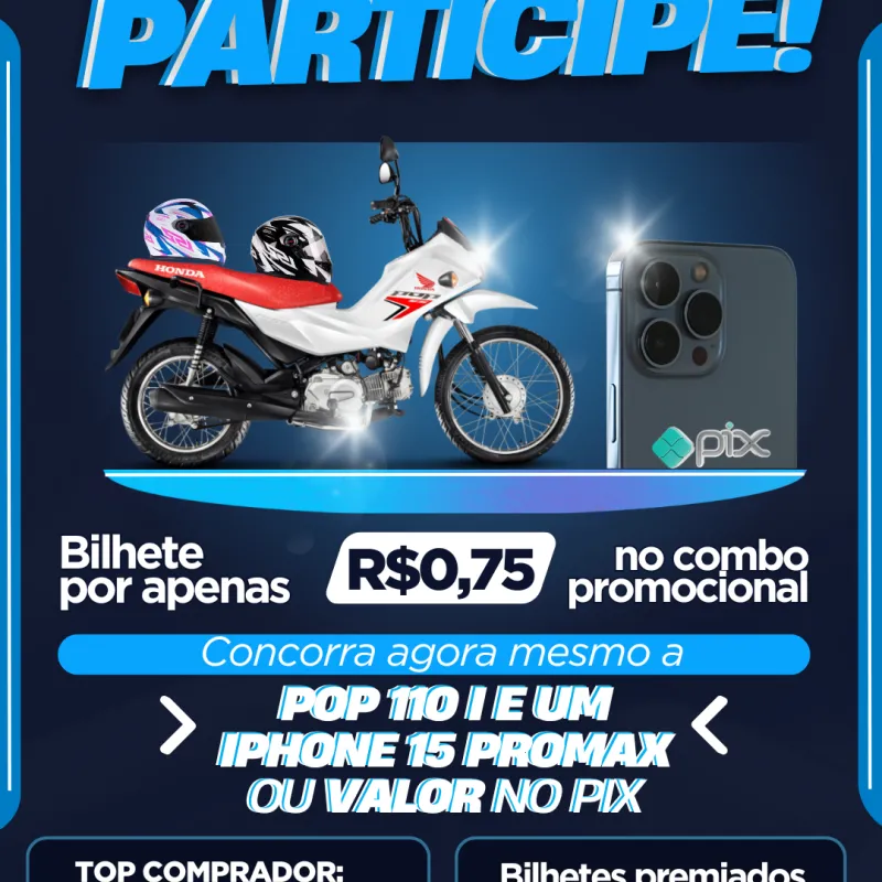 Imagem da campanha AB AÇÕES - UMA POP 110i + 2 CAPACETES LS2 E UM IPHONE 15 PROMAX