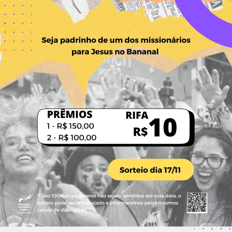 Imagem da campanha Rifa - Seja padrinho de um dos missionários para a missão Jesus no Bananal RCC