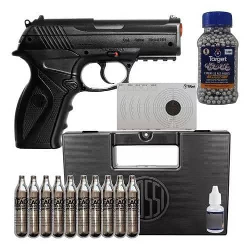 Imagem da campanha Pistola de Pressão Rossi C11 Co2 6mm + 500 Esferas de Aço 6mm + 10 Recargas Banza Rossi + 30 Alvos  + 01 Maleta + 01 Silicone