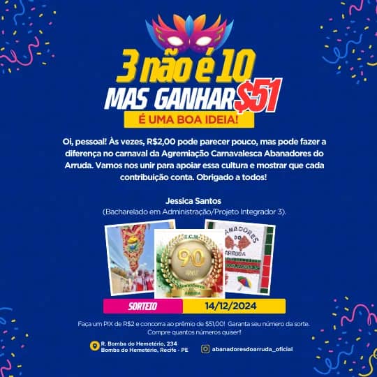 Imagem da campanha Ajude o Abanadores do Arruda a brilhar no Carnaval 2025