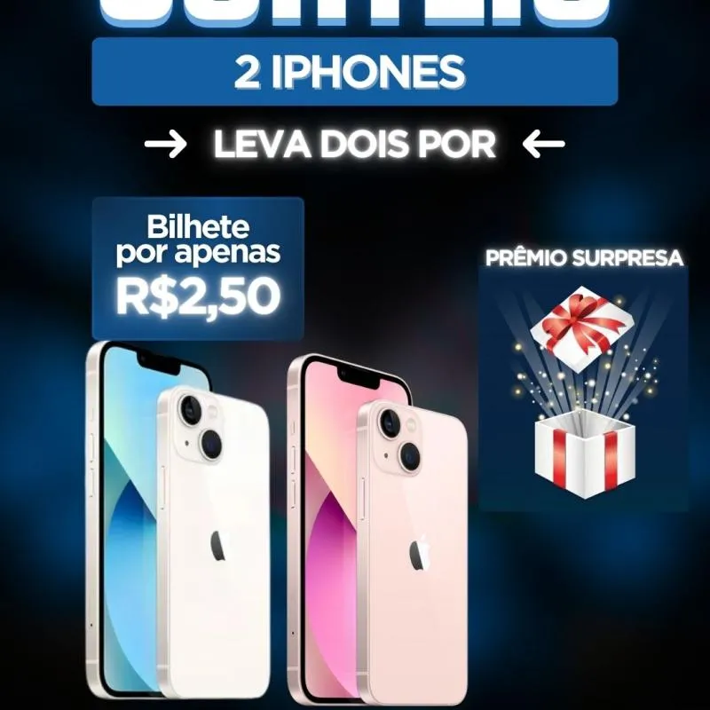 Imagem da campanha Ganhe 2 iphones 13 128GB por um bilhete de 2,50