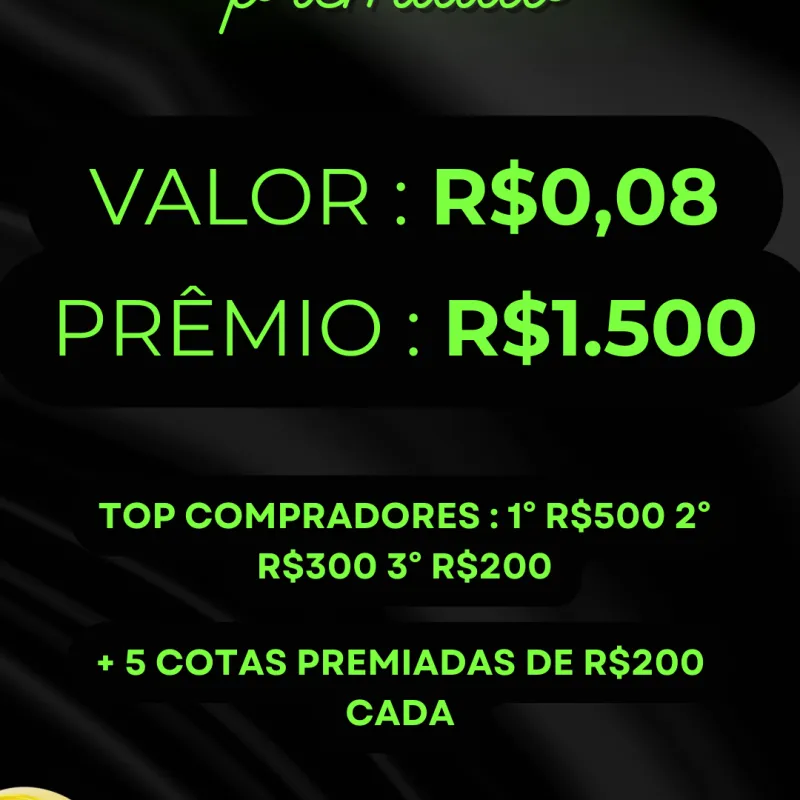 Imagem da campanha Concorra a R$1.500 com apenas R$0,08 + Top Compradores + 5 cotas premiadas de R$200
