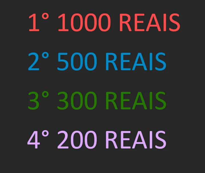 Imagem da campanha (1° 1000 REAIS) (2° 500 REAIS) (3° 300 REAIS) (4° 200 REAIS)