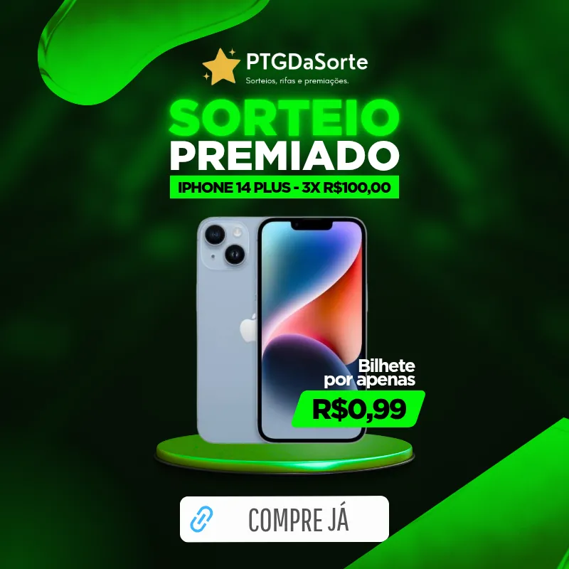 Imagem da campanha SORTEIO - IPHONE 14 PLUS & 3X R$100,00