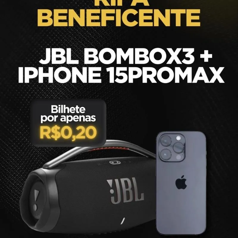 Imagem da campanha iPhone 15 pro max + Jbl bombox 3 SORTEIO 05/02/2025