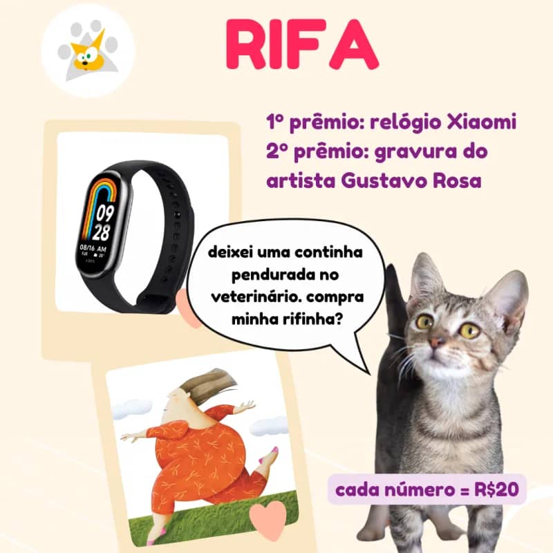 Imagem da campanha Rifa Relógio Xiaomi / Gravura Gustavo Rosa