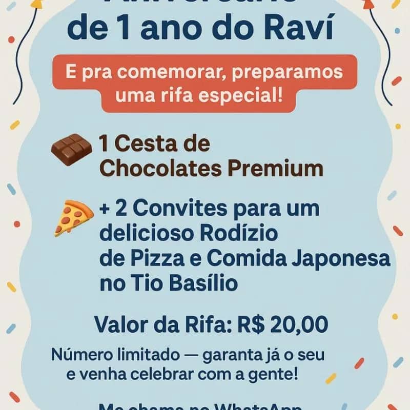 Imagem da campanha Rifa Solidária Festinha 1 Aninho Raví