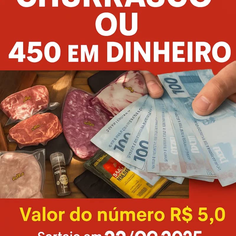 Imagem da campanha “Rifa Premiada: Kit Churrasco ou R$ 450 em dinheiro”