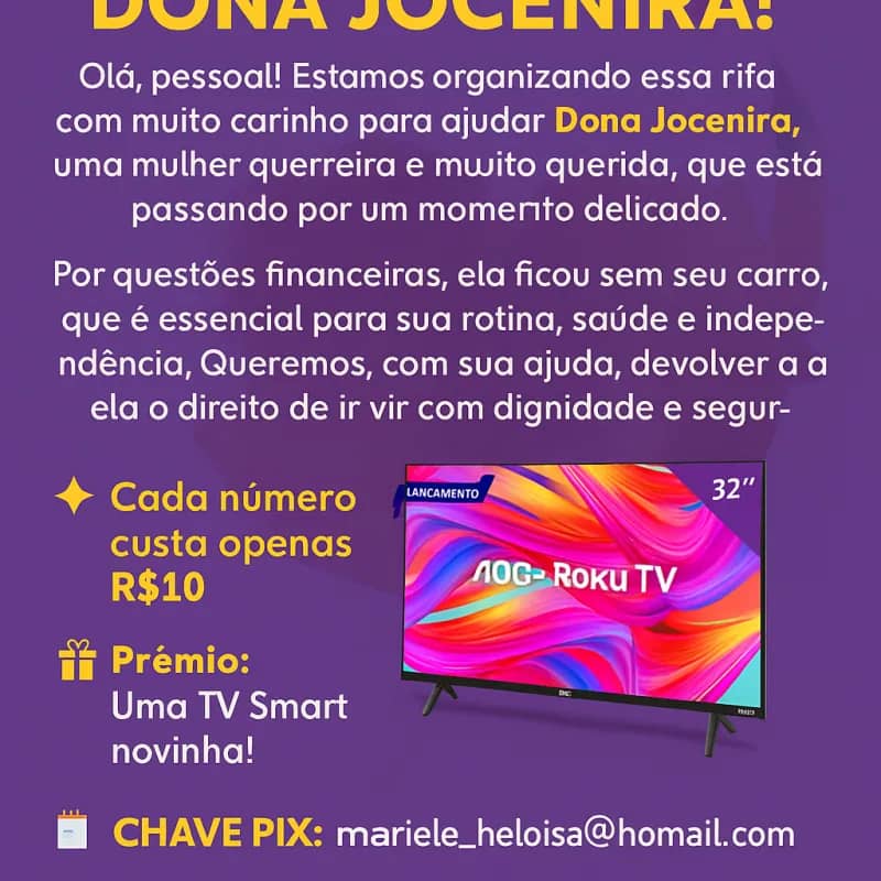 Imagem da campanha Rifa Solidária | Vamos ajudar Dona Jocenira!