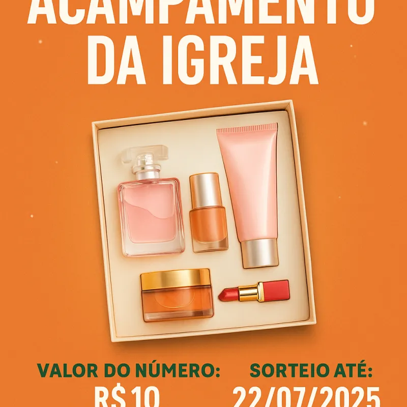 Imagem da campanha Arrecadando fundos para acampamento da nossa igreja! Participe da rifa e concorra a um lindo kit de cosméticos. 🙌✨