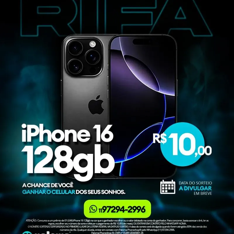 Imagem da campanha iPhone 16 128gb ou Pix no valor do Prêmio